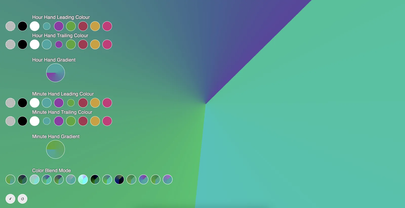 The clock in a green and purple palette with the control panel open, showing colour swatches for the leading and trailing colours of each hand, two gradient extent sliders shaped like the hands themselves, and a row of blend mode buttons.