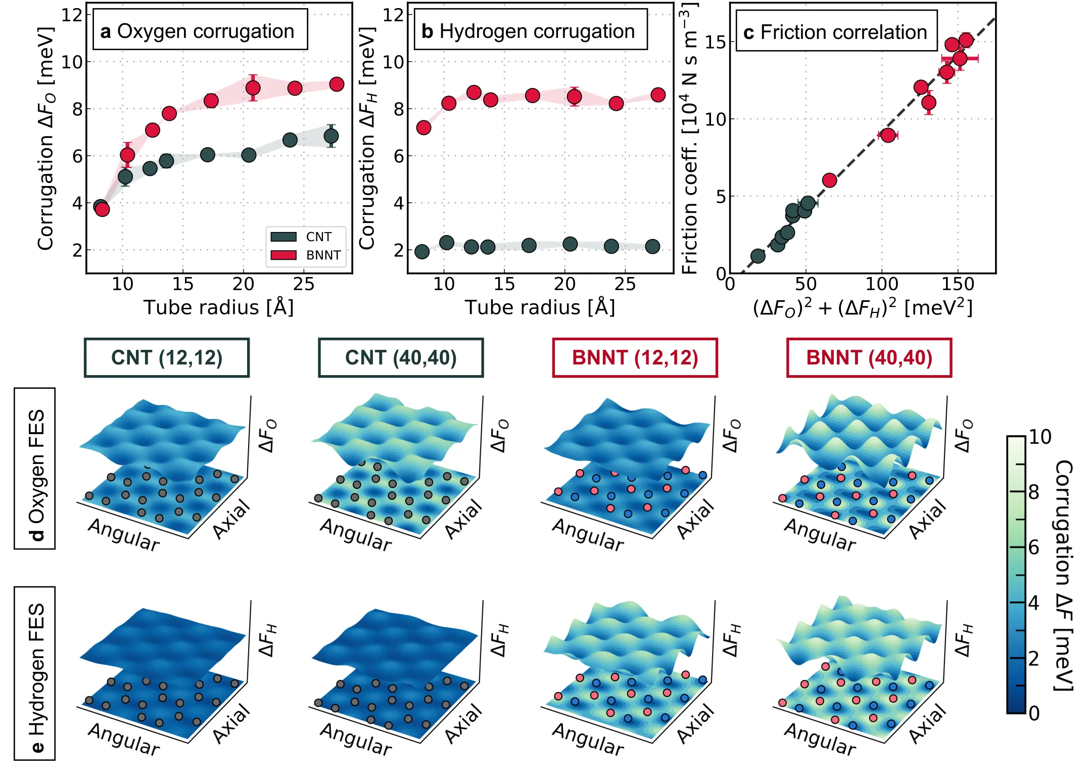 Oxygen and hydrogen free energy surface corrugation against tube radius for carbon and boron nitride nanotubes, the linear correlation between friction and the sum of squared corrugations, and eight three-dimensional renderings of the free energy surfaces.