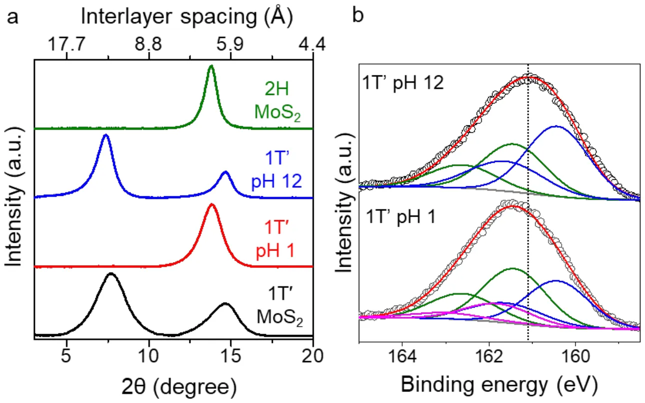 X-ray diffraction of four membrane treatments with a secondary axis in interlayer spacing, and deconvolved S 2p photoelectron spectra of acid- and base-treated membranes showing an additional S–H component.