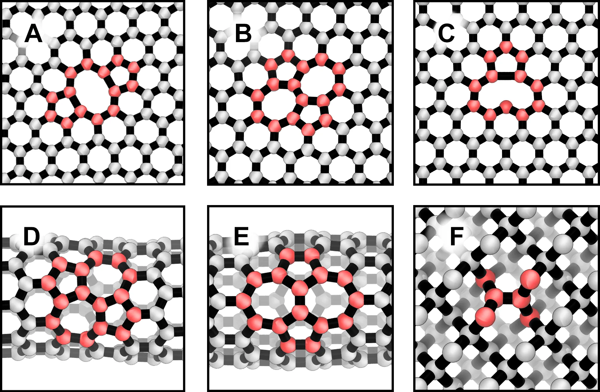 Six ball-and-stick panels of relaxed carbon defects with the atoms around each defect highlighted: a graphene divacancy, a graphene Stone–Wales defect, a graphene monovacancy, a Stone–Wales defect in two orientations on a nanotube, and a split interstitial in diamond.