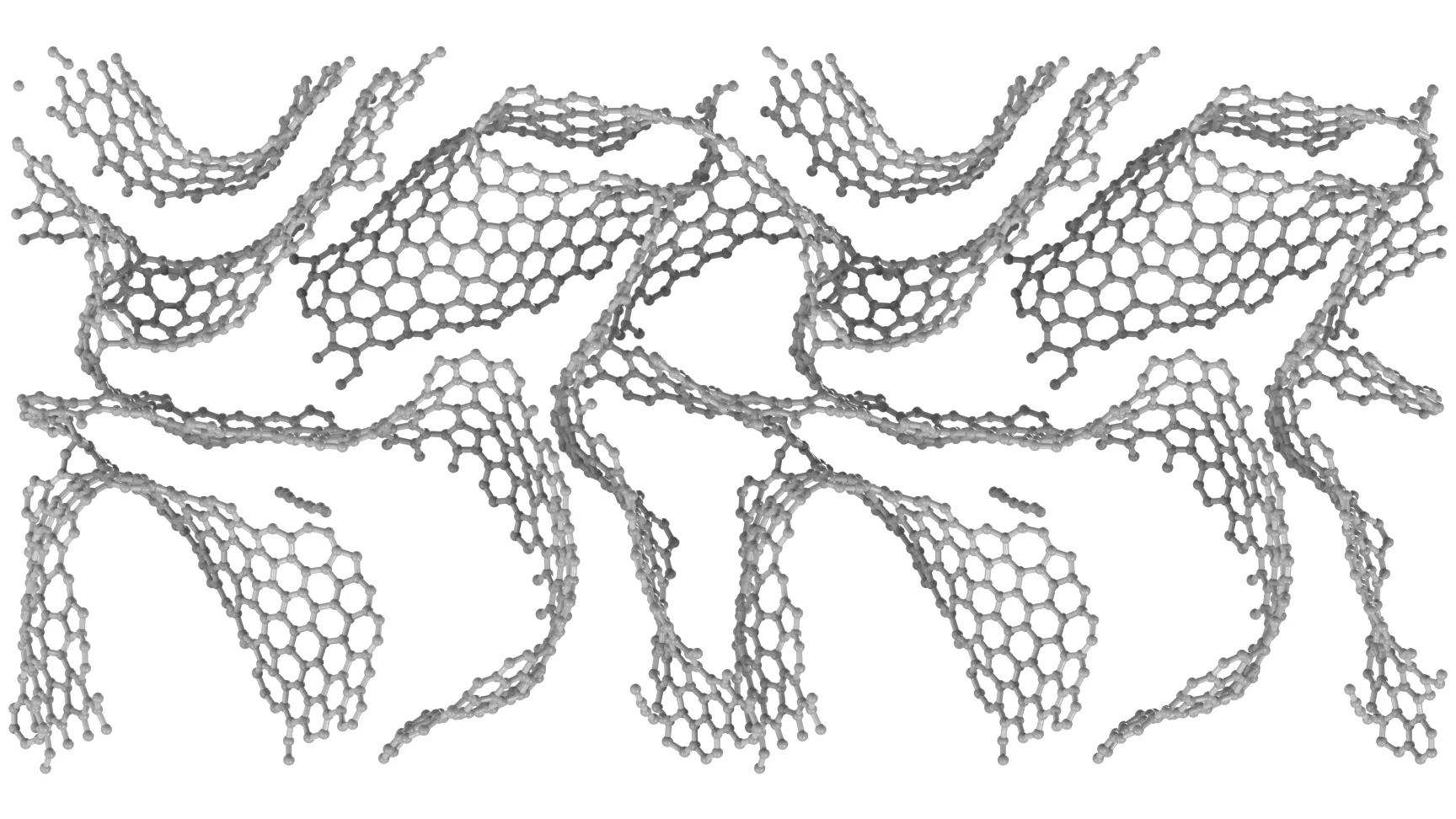 A 10 Å slab through 5,832 atoms of amorphous carbon at 1.0 g cm⁻³ after a 200 ps anneal at 3500 K, shown two periodic cells wide, with curved graphitic sheets of hexagons wrapped around voids, drawn as grey spheres and rods on white; the frame is the end of the cooling ramp, near 710 K.