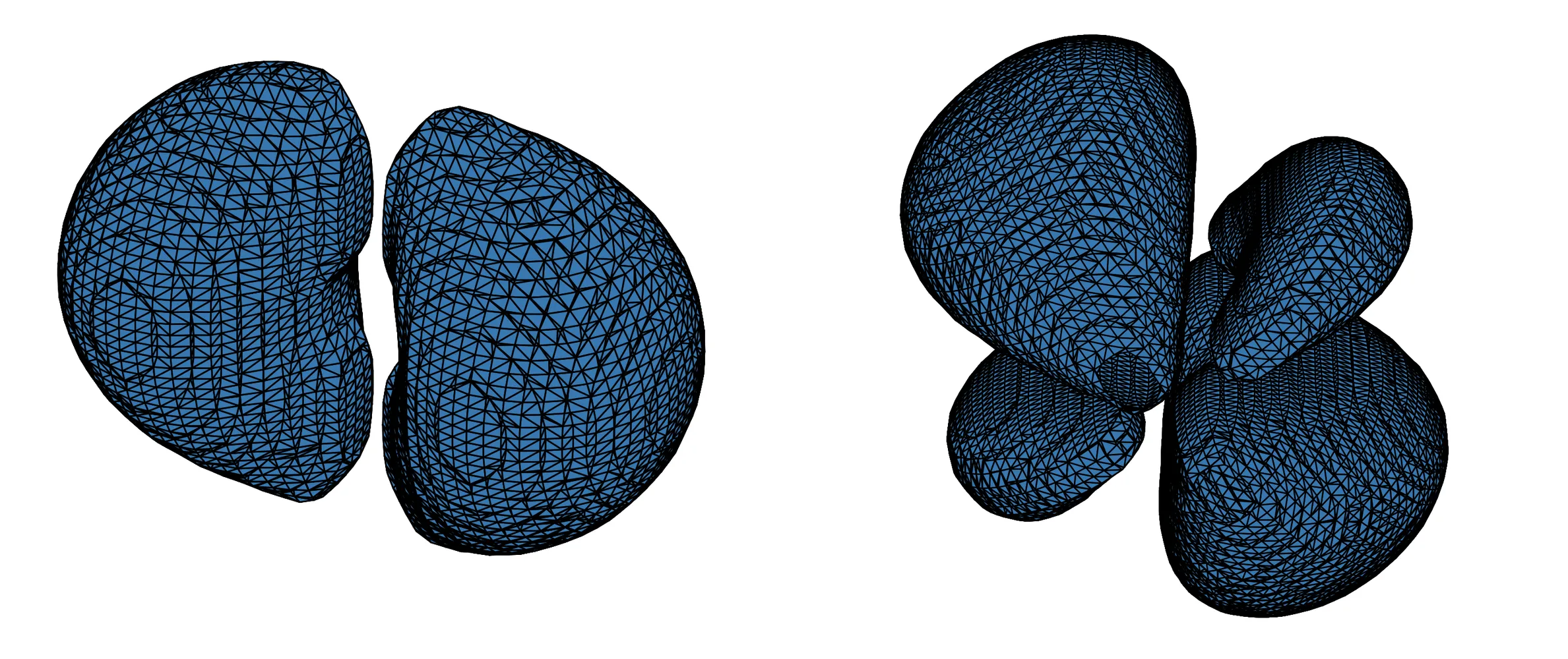 Two marching-cubes isosurfaces rendered as triangulated meshes: the two-lobed 2p orbital on the left, and the 4d-z-squared orbital on the right with two large axial lobes and a torus around the middle.