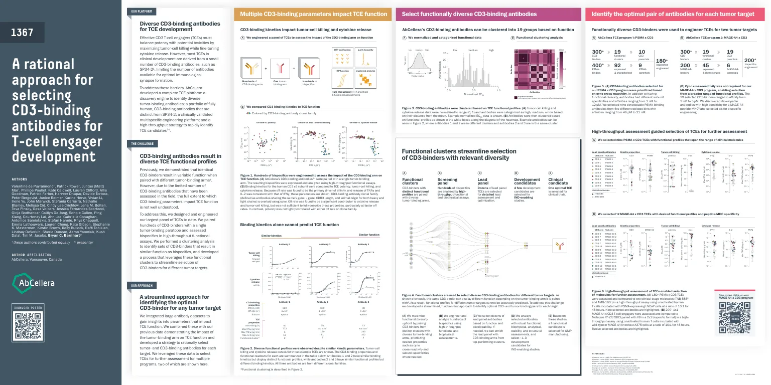 SITC 2023 poster 1367: a rational approach for selecting CD3-binding antibodies for
T-cell engager development. Four panels running left to right: CD3 binding kinetics
against T-cell engager function, hierarchical functional clustering of the binder panel
into 19 groups, the selection of functionally diverse binders, and lead panels for the
PSMA and MAGE-A4 programmes benchmarked against clinical molecules.