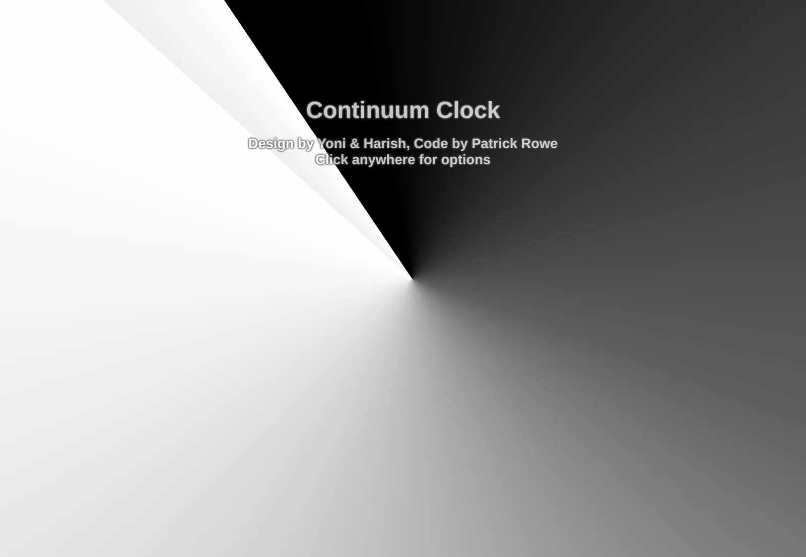 The Continuum Clock in its default monochrome palette: the screen divided into black and white wedges radiating from a point below centre, with the title and credits overlaid.